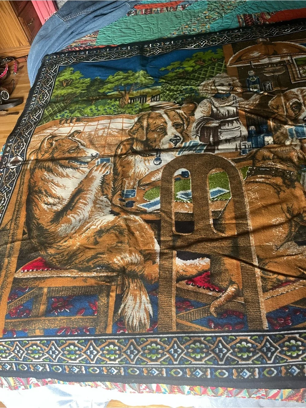 1970’s Made in TurkeyDog Poker Scene Printed Tapestry Brown, Green, Blue
